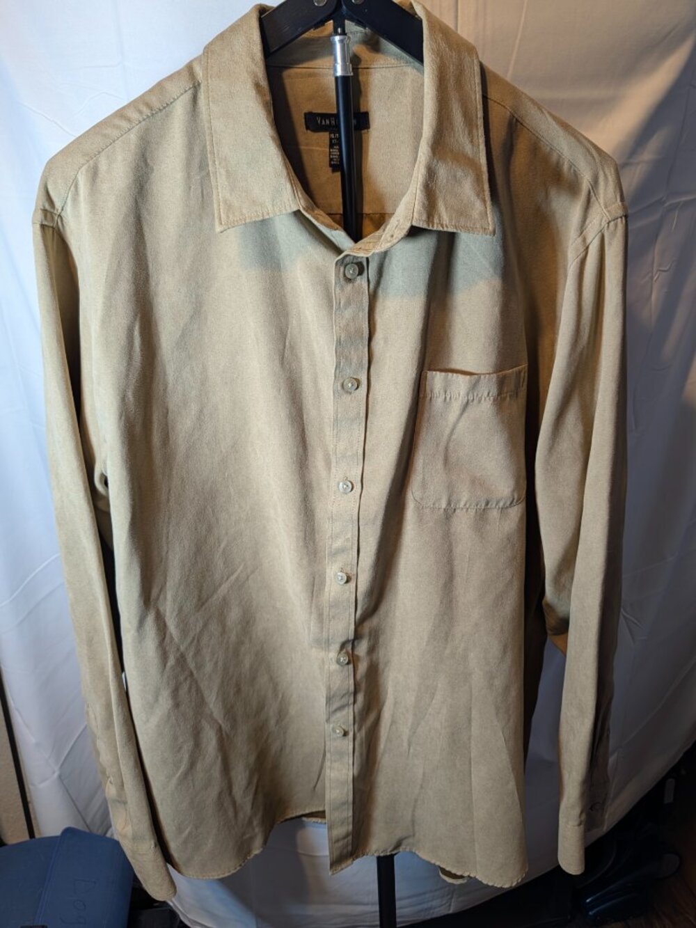 Van Heusen XL  17-17.5 Men's Faux Soft Suede Button Down Shirt Brown Long Sleeve